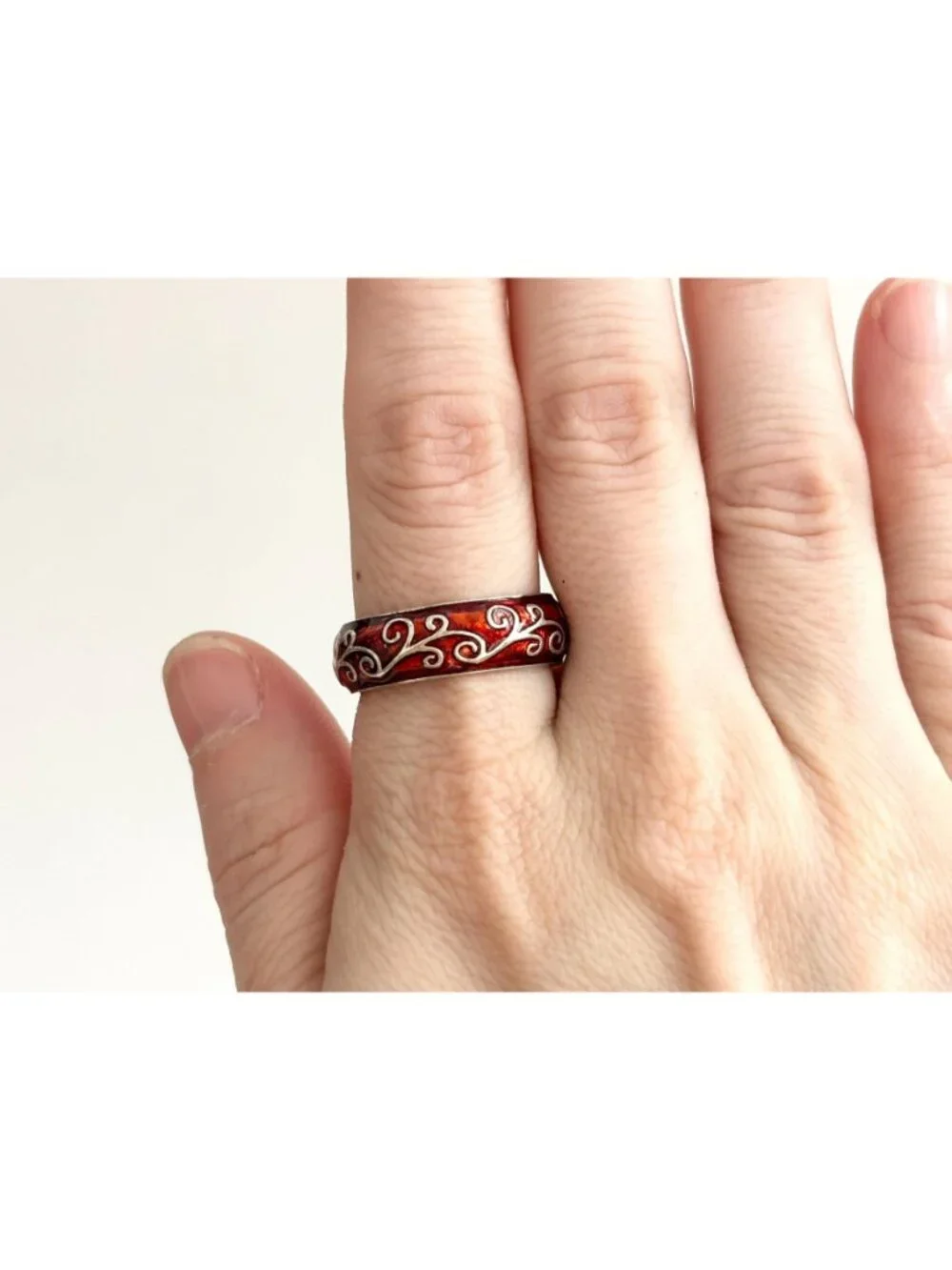Orange Enamel Art Nouveau Inspired Sterling Silver 925 Vintage Ring - sz 9.75
